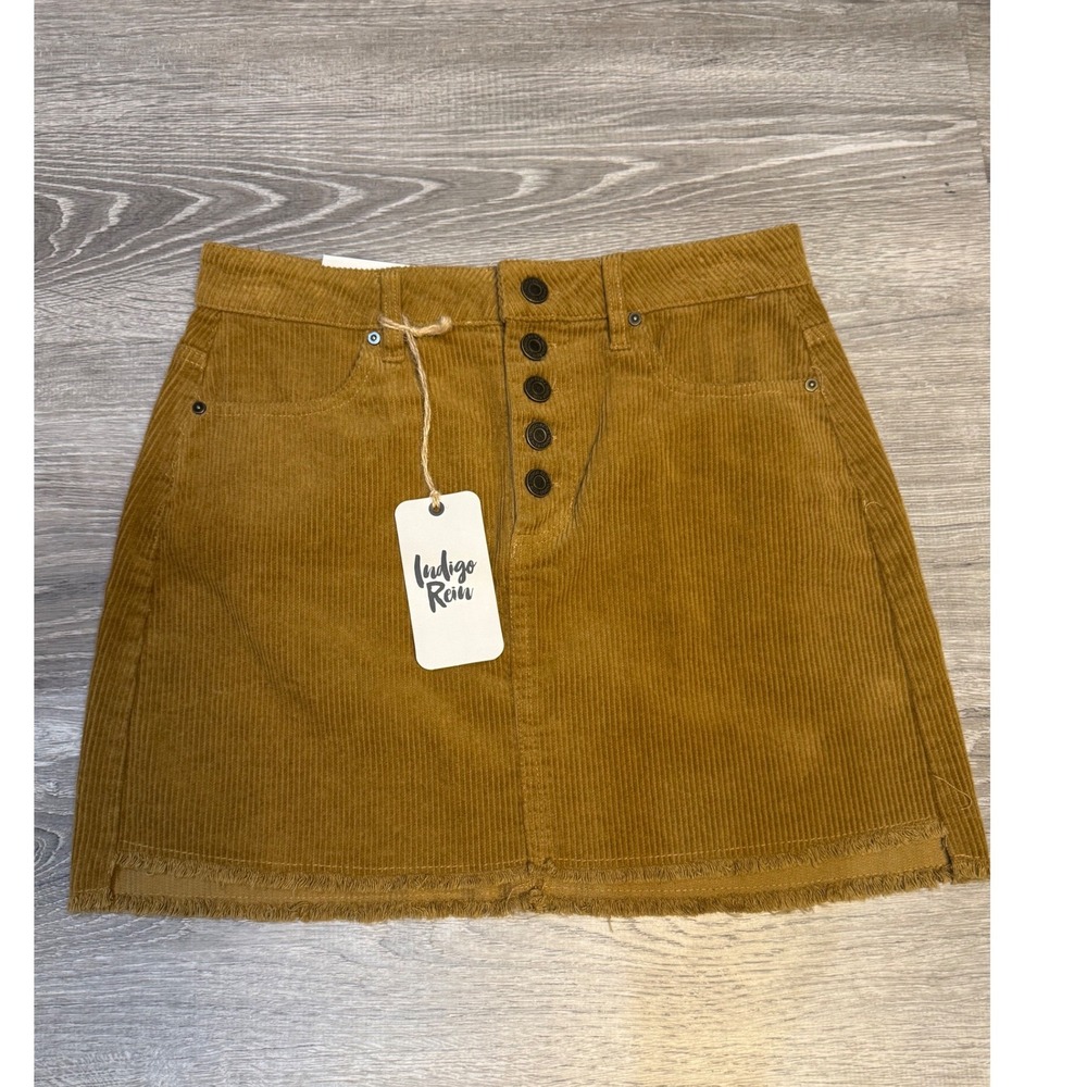 Indigo Rein Corduroy Mini Skirt Button Fly Frayed Hem Mustard Brown Womens 3/25